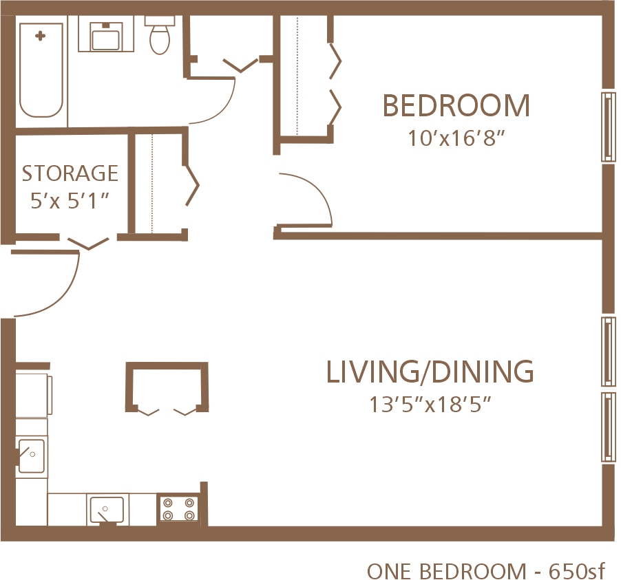 Floor plan for 1 bed, 1 bath, 650 sqft